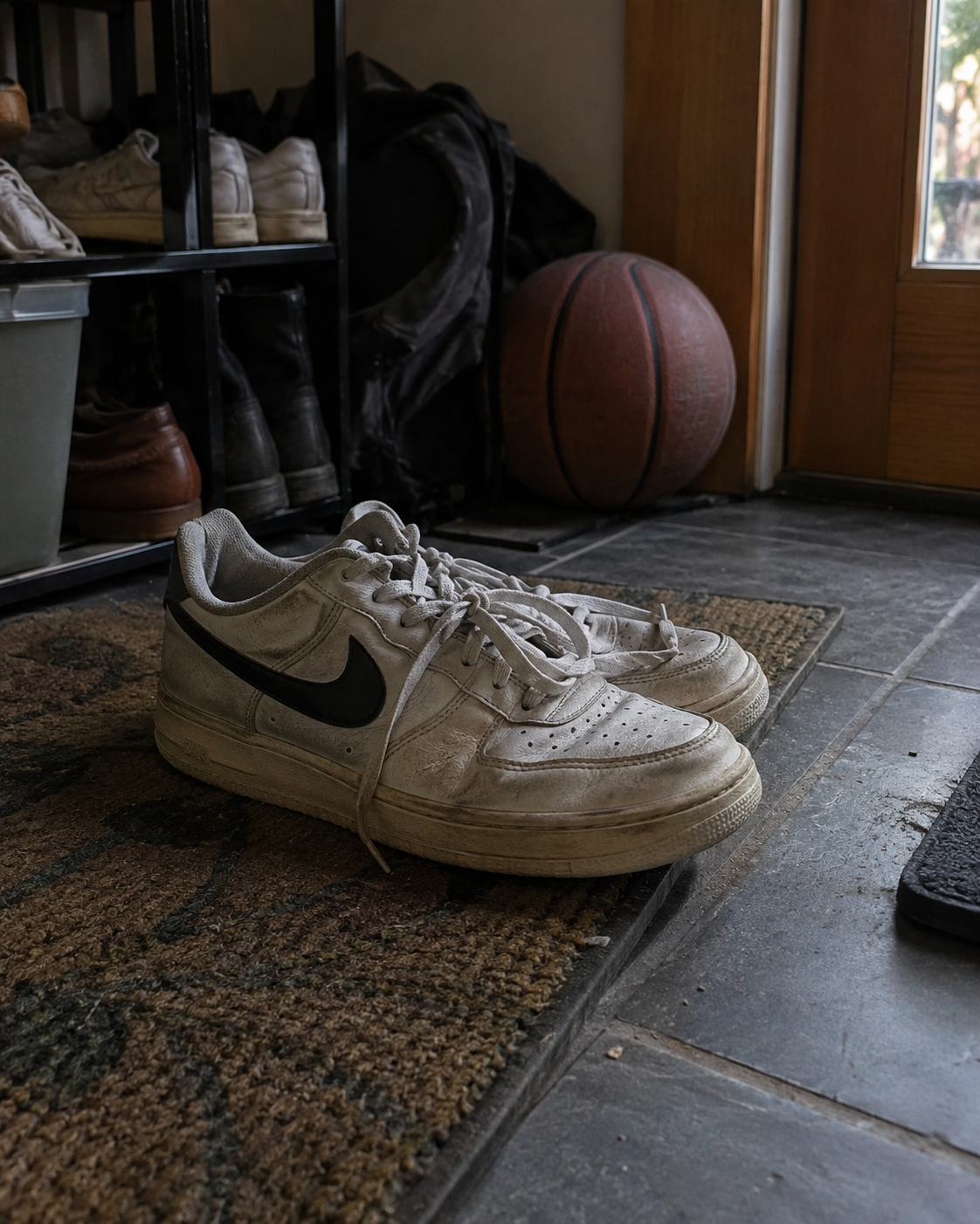 A pair of worn teen sneakers in a lived-in home entryway. Illustrative photograph, not Ismael.